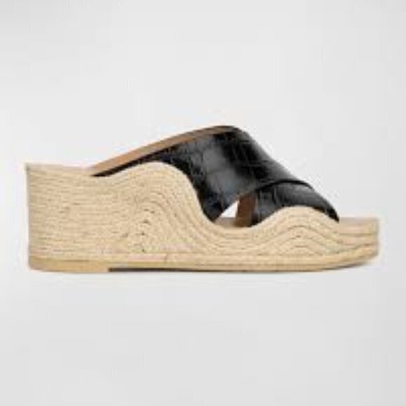 Aquatalia Marina Leather Croc Embossed Crisscross Espadrille Wedges Black Size 7 - Picture 2 of 15